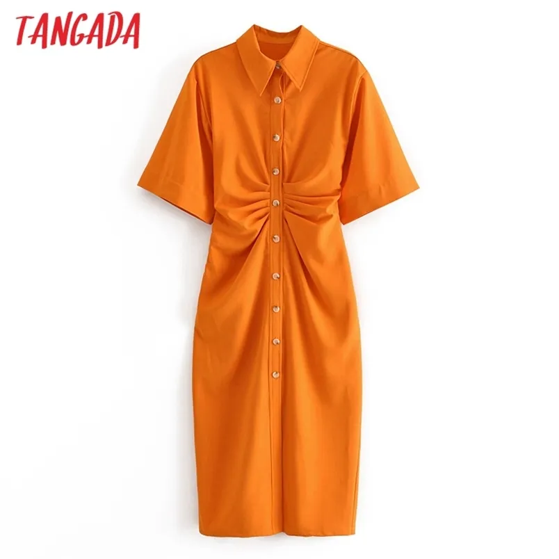 Mode Kvinnor Solid Orange Tunika Kortärmad Elegant Ladies Midi Dress Vestidos 3H906 210416