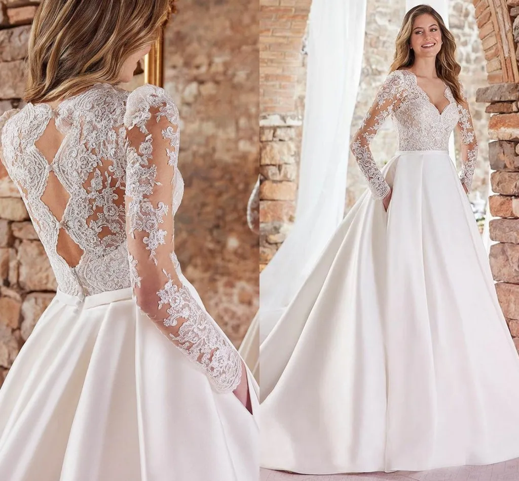 2022 Eleganta Kvinnor Bröllopsklänning Med Pocket Sexig V Neck Långärmad Snöre Applikationer Brudklänningar Satin Lång Bröllopklänningar Vestidos de Noiva Robe Mariage
