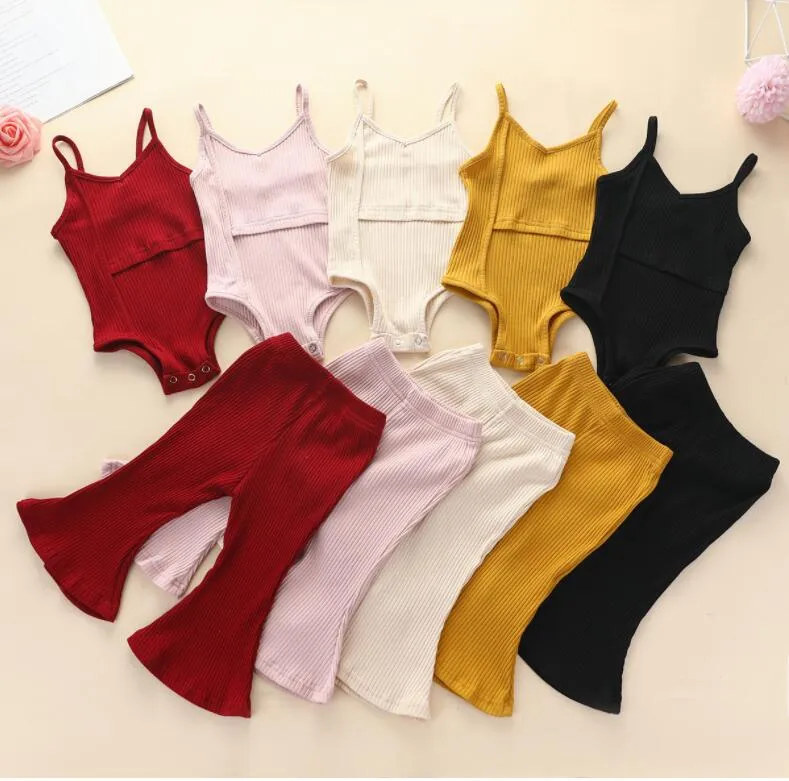 Ins Girl's Baby Roupas Dois Peças Define Verão Sólido Cor Romper + Flare Calça 100% Algodão Crianças Conjunto de Roupas