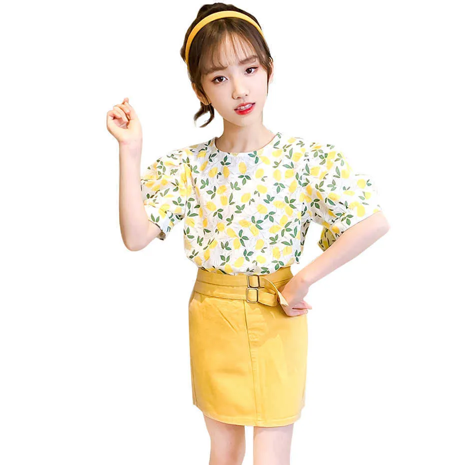 Teenager-Mädchen-Sommerkleidung, Blumen-T-Shirt + kurze Schärpen, Sets, lässiger Stil, Kinder-Trainingsanzüge 210528