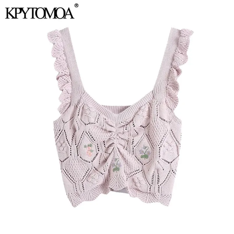 Kvinnor Mode Floral Broderi Beskuren Stickade Tank Toppar Breda Band med Ruffles Kvinna Camis Mujer 210420