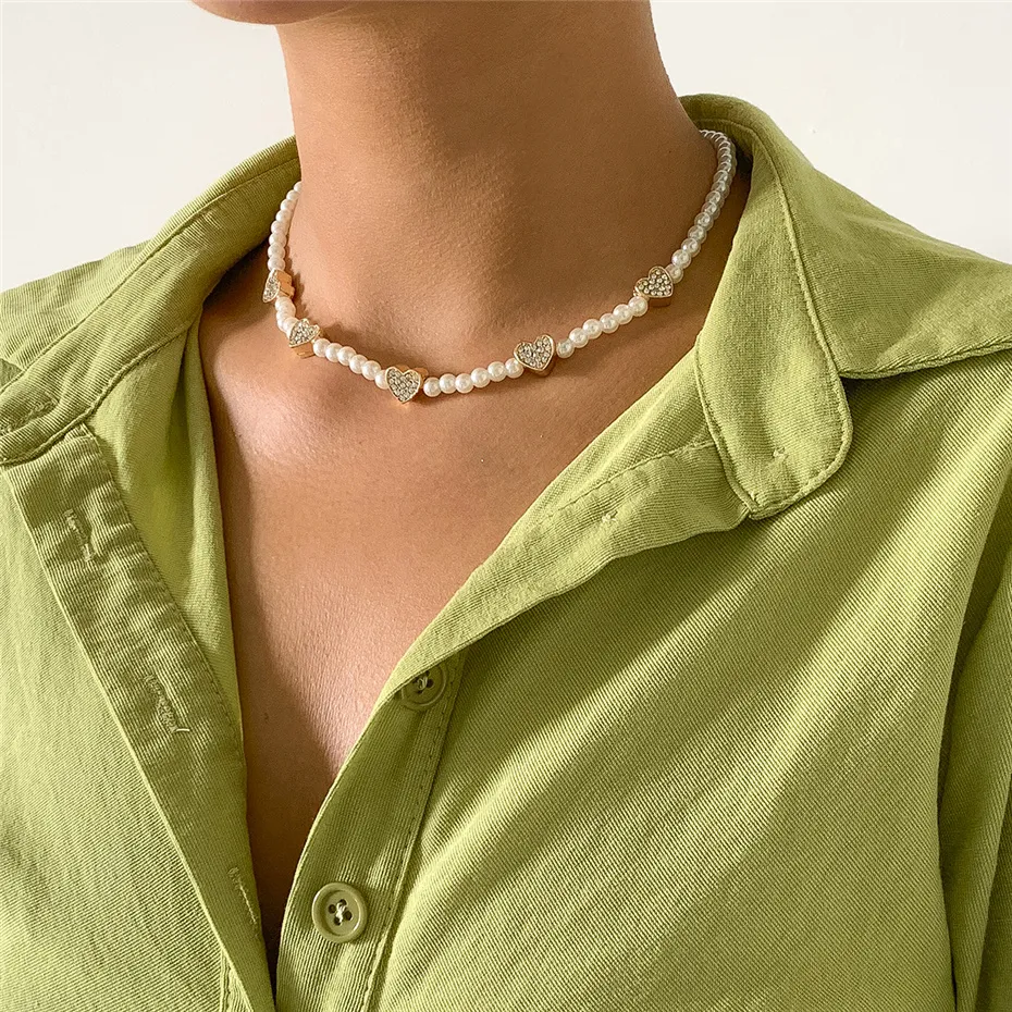 Élégant blanc Imitation perle chaîne collier pour femmes mariage mariée Boho cristal coeur clavicule tour de cou bijoux