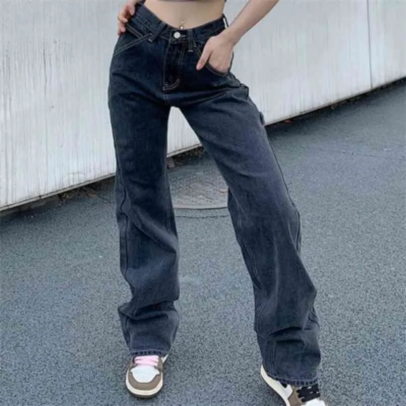 Hög midja byxor jeans för kvinnor lös brett ben jean streetwear kvinna denim casual rakt distressed solid 5xl 210809