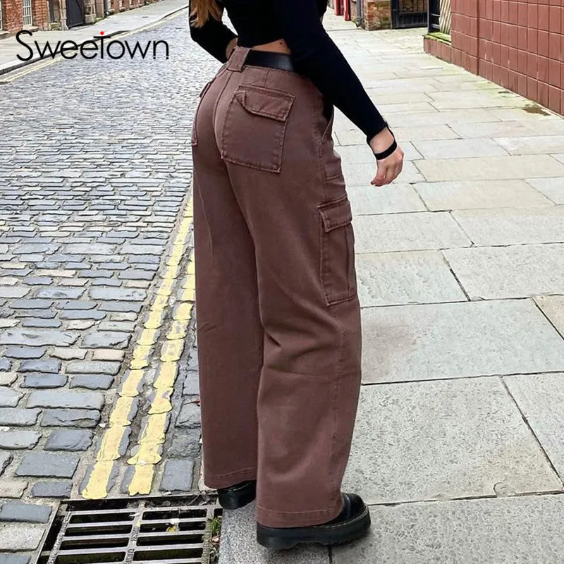 Sweetown Vintage Baggy jambe large jean femme marron mode femmes Denim pantalon taille moyenne Cargo pantalon Streetwear Capris