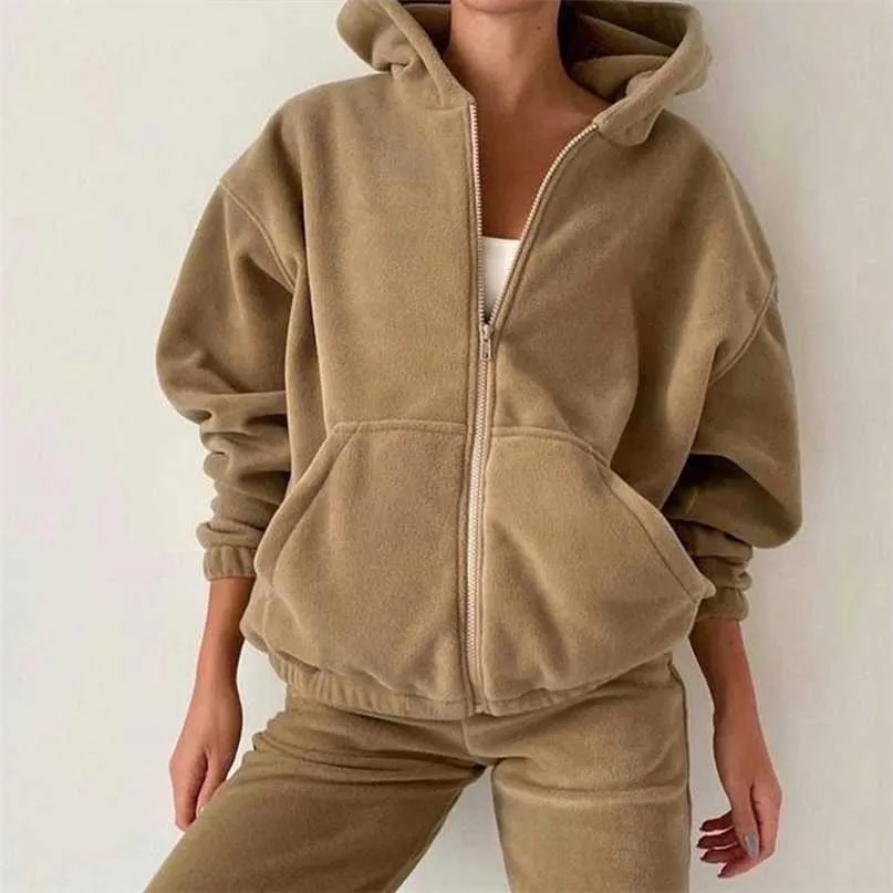 Casual Women Fleece Hoodie Två Piece Sets Hooded Zipper Ytterkläder och Harem Pant Suit Höst Winter Fashion Streetwear TrackSuit 211105