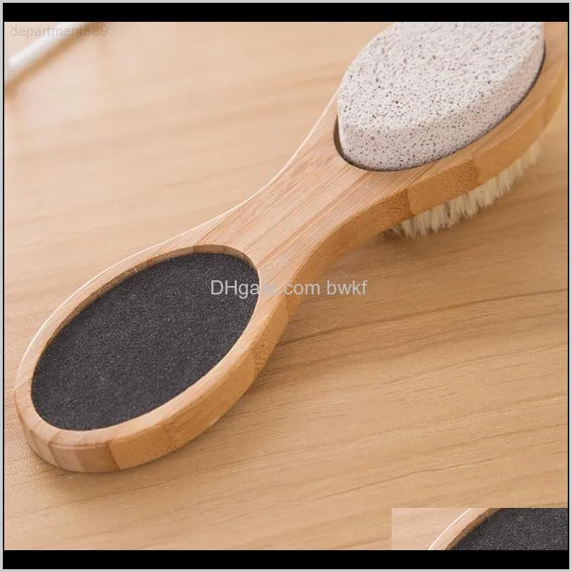 foot brush pumice stone rasp file exfoliating bamboo handle pedicure tool 4 in 1 multi-functional scrub