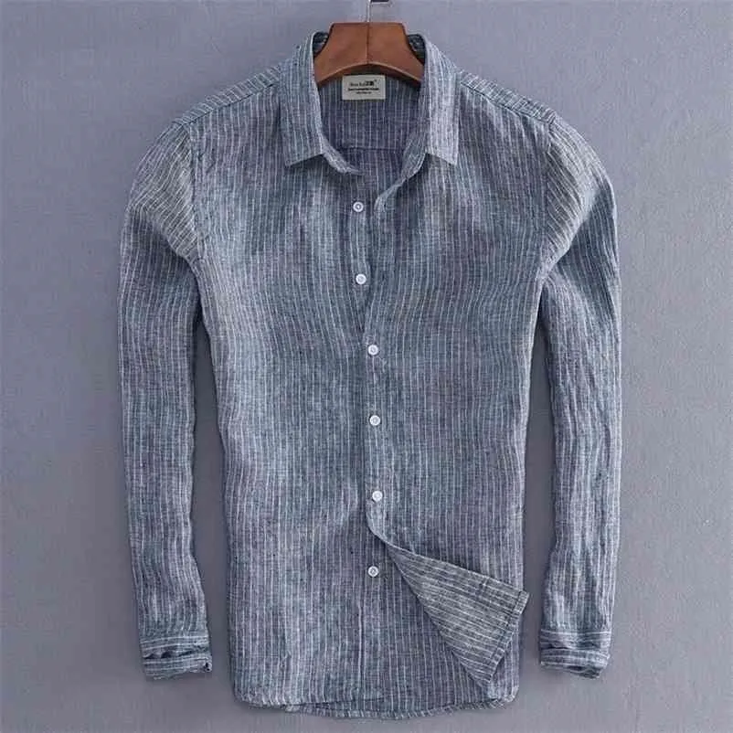 Camisa de lino a rayas de primavera y otoño para hombre, camisa informal de manga larga para hombre, camisa básica ajustada fluida de alta calidad, ropa de importación 210708