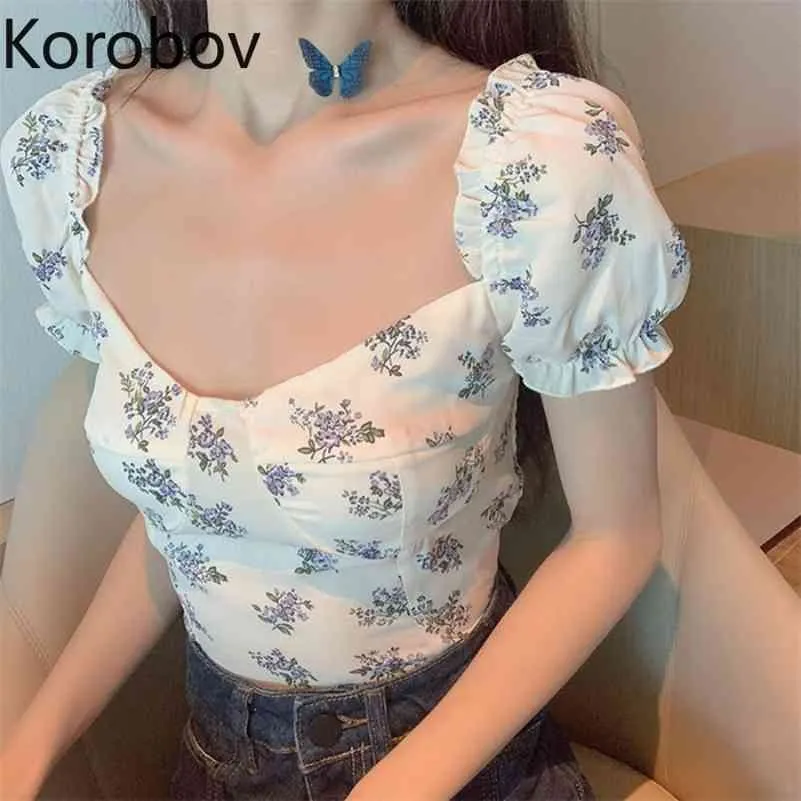 Korobov nouveauté en mousseline de soie Blouses coréen Chic manches bouffantes volants femme chemise Vintage élégant imprimé Crop Blusas Mujer 210430