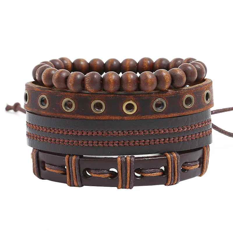 Rope Leather Handmade Braided Multilayer Wooden Beads Charm Bracelets Retro Set Punk Adjustable Bangle Party Jewelry