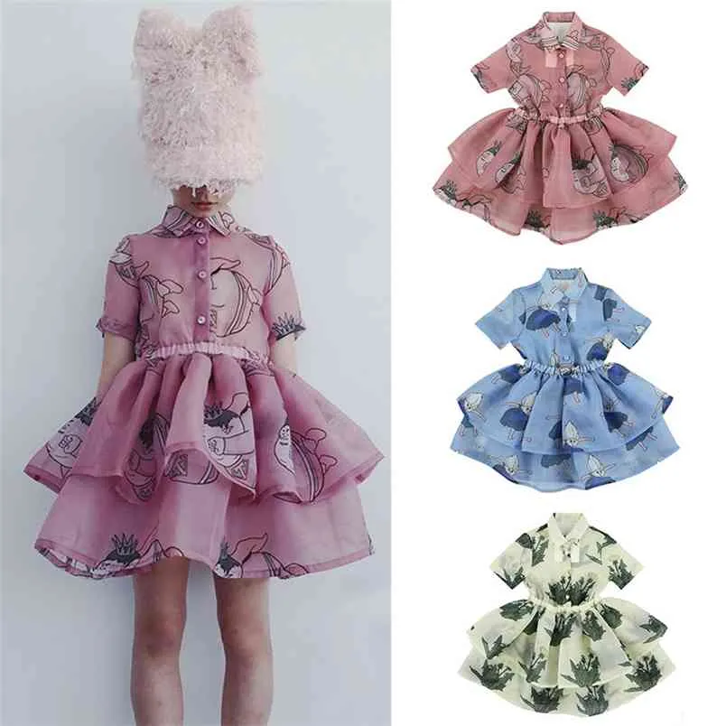 Carbon soldier Kids Girls Summer Tutu Dress Children Personality Design Shirt Collar Flower Yarn Layed Brand 210619