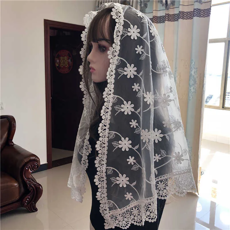 Branco Mantilla Lace Catholic Veil para Capela Igreja 3D Cabeça Floral Cobertura Elegante Senhoras Scarf Miss Mass Vela Voile Dentelle X0726