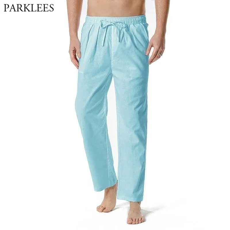 Pantalon en lin de coton bleu ciel pour hommes Casual Soft Léger Yoga Beach Pantalon d'été Cordon élastique Taille Pantalon de salon Mâle 210522