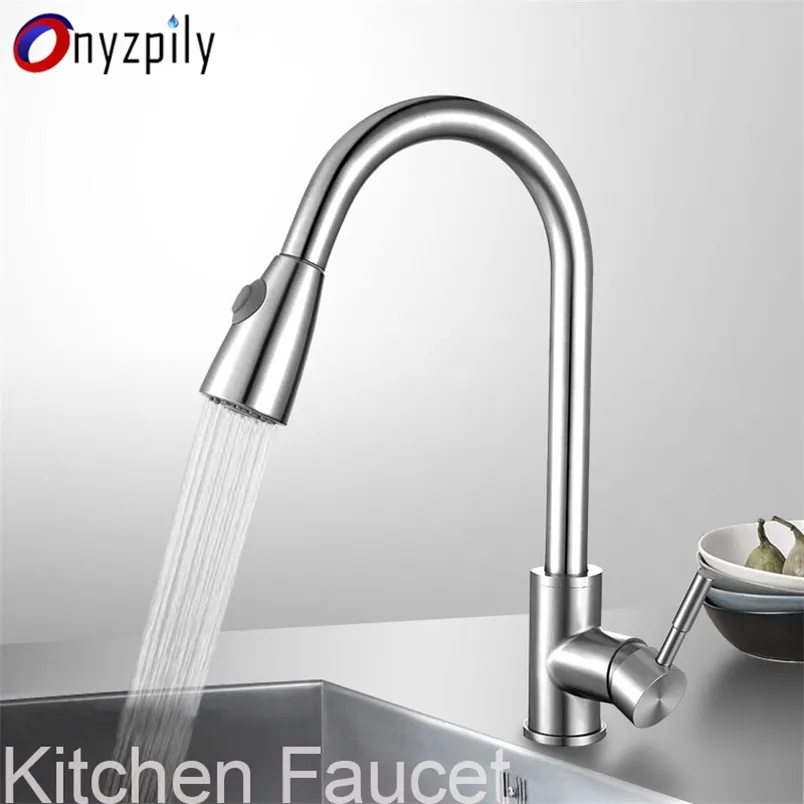 Onyzpily Geborsteld Nikkel Mixer Kraan Enkele gat Trek Uitloop Keuken Gootsteen Mixer Tap Stream Sproeier Hoofd Chroom / Zwarte Keuken 211108