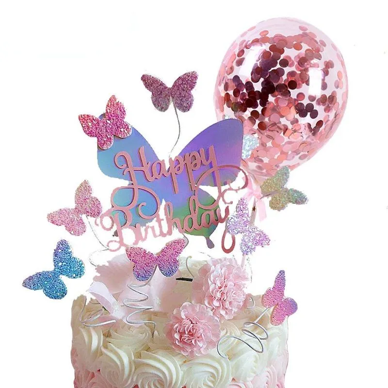 Weitere festliche Partyzubehörteile: 1 Satz Farbverlaufs-Sequise-Schmetterlings-Kuchenaufsatz, Roségold-Konfetti-Ballon-Dekoration, Hochzeit, Kinder-Cupcake