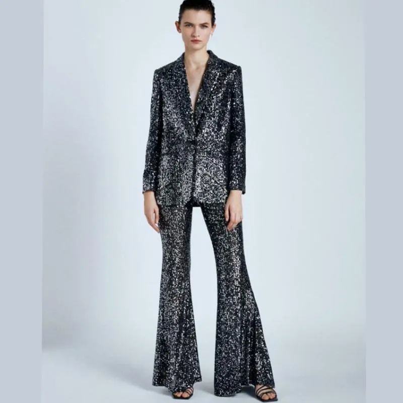 Sparkly frisado lantejoulas calças ternos mulheres 2 duas peças conjunto elegante glitter blazer terno jaqueta perna larga calças de trabalho roupas femininas