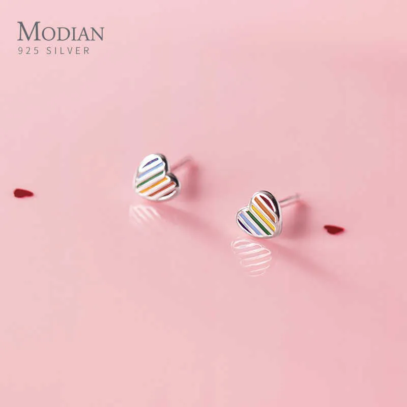 Colorful Enamel Sweet Cute Mini Love Hearts Pure 925 Sterling Silver Stud Earring for Women Fashion Ear Pin Fine Jewelry 210707