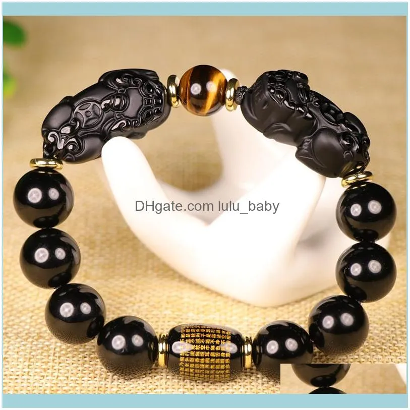 Natural Black Obsidian Bracelet Tiger Eye Stone Double Pixiu 10 12 14 16 mm Lucky Brave Troops Women Men Jewelry Drop Shipping1