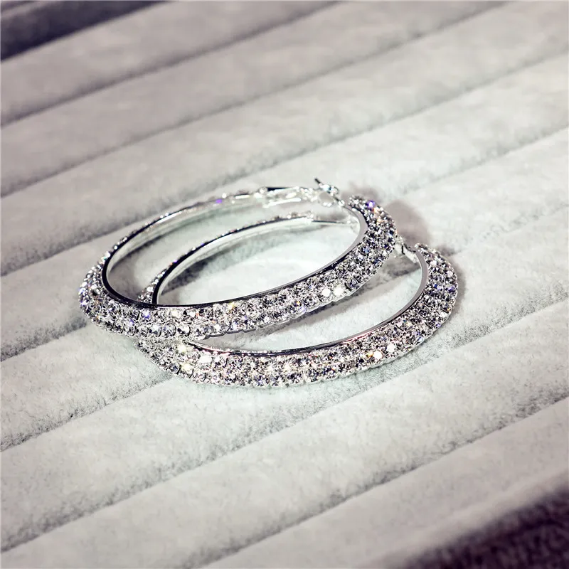 Women`s Large Big Dangle Earrings Shiny Double Row Diamonds Silver Color Circle Hoop Earrings Bridal Jewellery