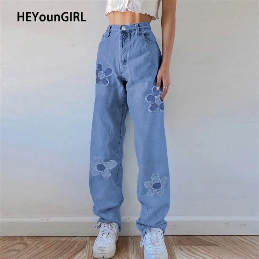 HEYounGIRL Floral Patchwork Casual Vintage Jean High Waist Denim Pants s Fashion Elegant Trousers Ladies Summer 220216