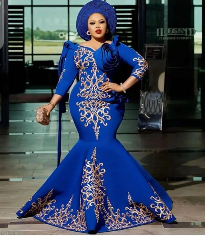 Royal Blue Arabo Donna Abiti da sera a sirena Robe De Soiree Raso Madre degli abiti da sposa Maniche a 3/4 Taglie forti Festa formale