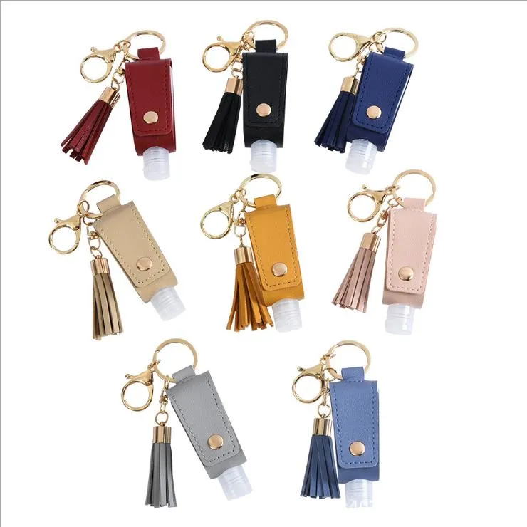 핸드 소독 제 Keychains PU 가죽 소독제 홀더 가방 솔리드 트레이스 키 체인 홀더 리필 병 클립 캐리어 8 색 DW6003