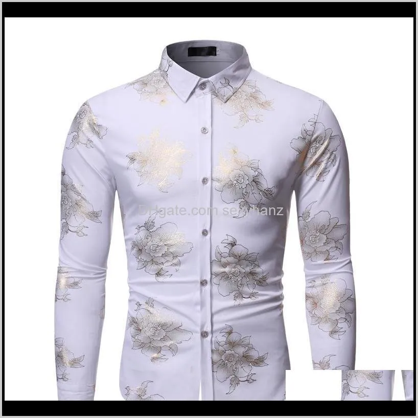 fashion pink floral foil print shirt men 2020 slim long sleeve mens dress shirts party stage prom