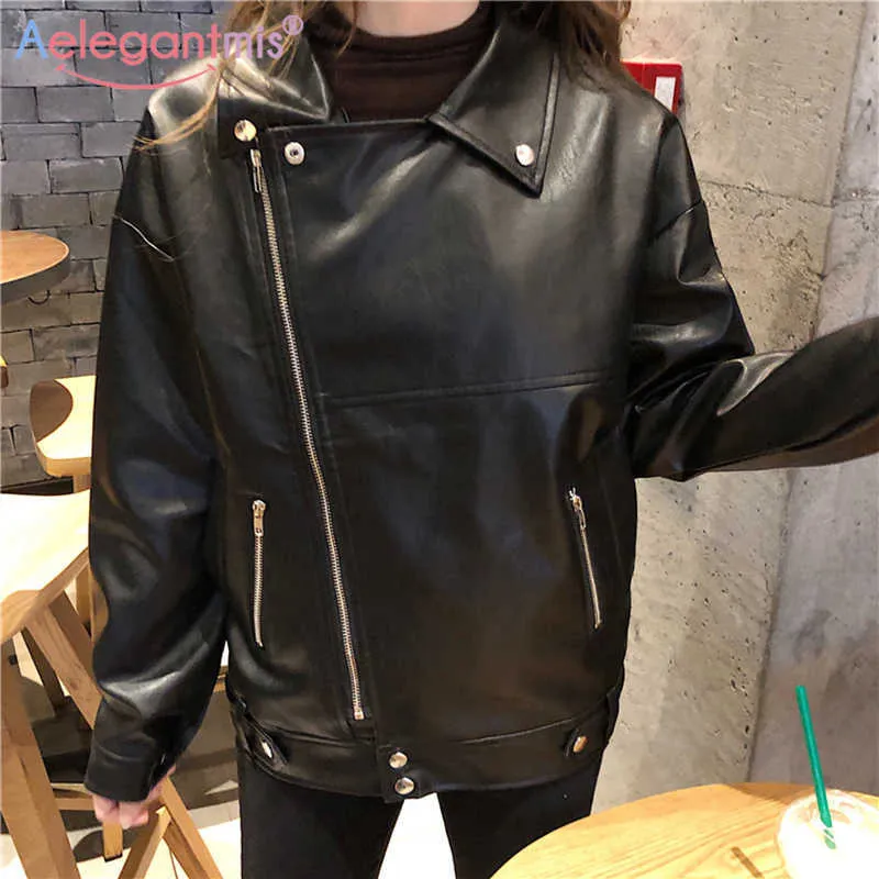 Aelegantmis Casual Loose Faux Leather Jacket Women Soft Pu Moto Biker Basic Coats Black Oversized Outerwear Female Chic 210607