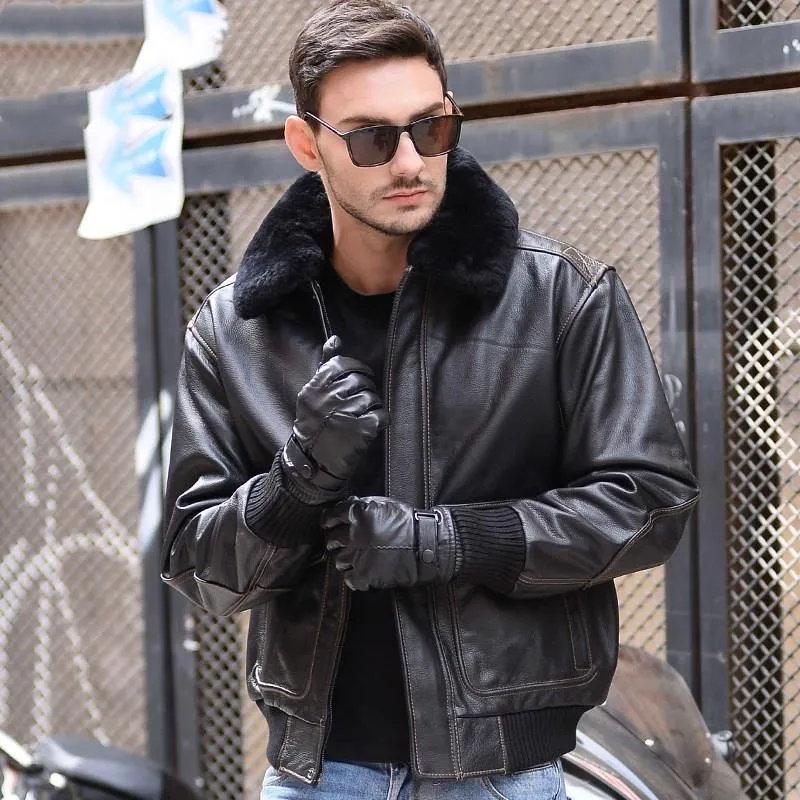 Genuine Leather Men s 2024 Black Pilot Jacket USAF Style Europe XXL Wool Collar Thick Cowhide Russian Winter Military Aviation Coat