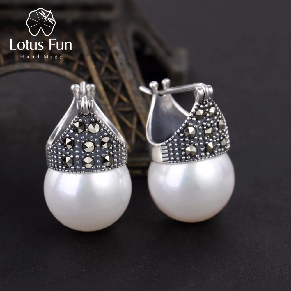 Lotus Fun Real 925 Sterling Silver Natural Matka Pearl Fine Jewelry Vintage Moda Drop Kolczyki dla kobiet Brincos