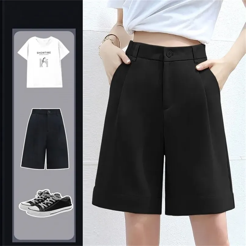 Zwart vijfpunts pak shorts vrouwelijke plus size zomer mode hoge taille losse rechte wijde been casual overalls 210714