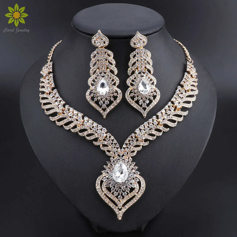 Gold Color Full Clear Rhinestones Statement Necklace Earrings Set for Women Indian Bridal Wedding Jewelry sets H1022