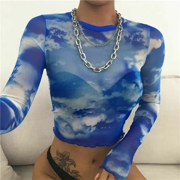 Hirigin Mulheres Sexy Malha Colheita Superfície Ver através de Lace Malha Sheer Manga Longa Céu Azul Nuvens Branco Imprimir Crop Top T Camiseta X0527