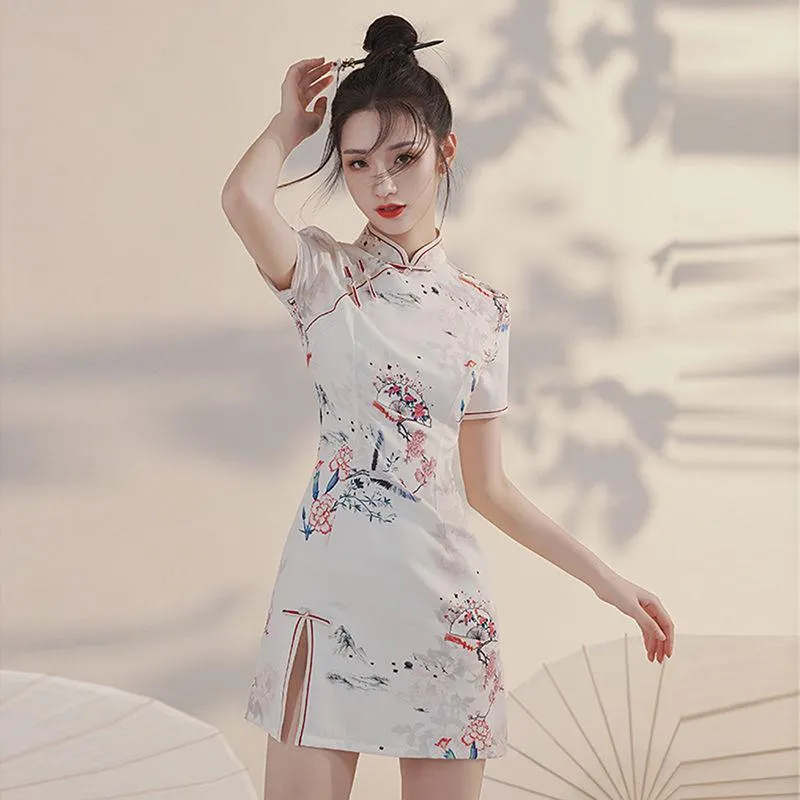 Abbigliamento etnico Donna Sexy Mandarino Collo Mandarino cinese Abito Banchetto Abito Elegante Stampa Floral Cheongsam Breve Vintage Pulsante Vintage