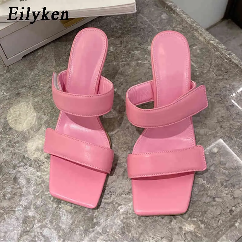 Eilyken 2021 novo design mulheres chinelo senhoras verão salto alto sandal de salto aberto deslizamento em slides elegantes mujer c0410