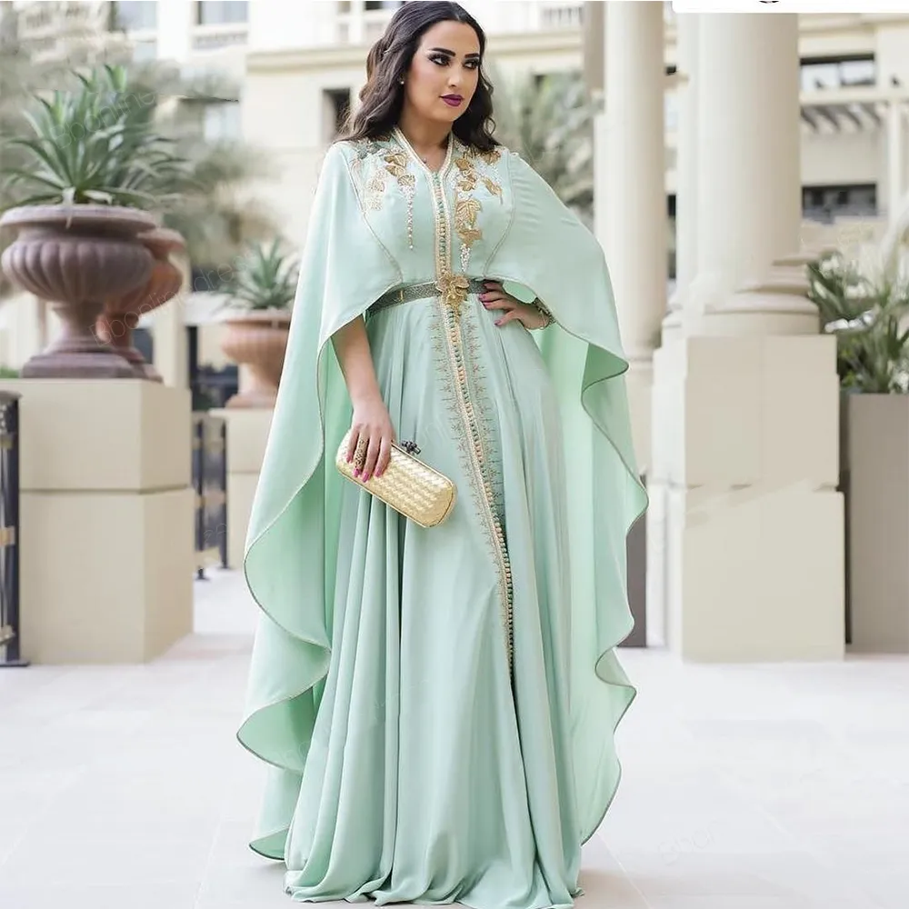 Mint Groene Chiffon Marokkaanse Kaftan Avondjurken Lange Borduurwerk Kant Applicaties Moslim Formele Partij Jurken Arabische Dubai Abaya Cape Prom Dress Pearls Beads