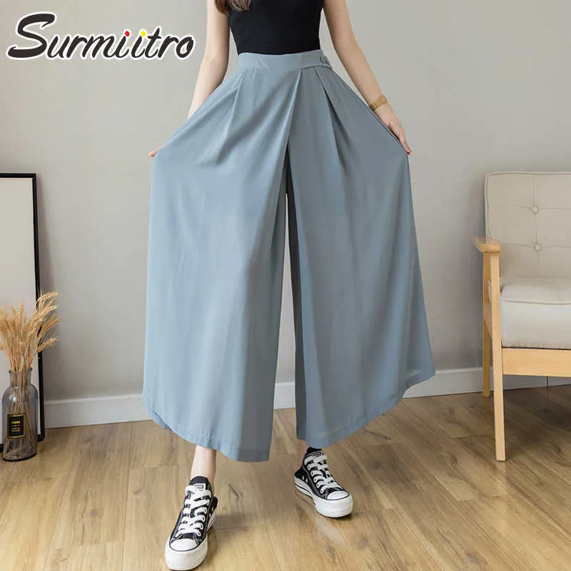 SURMIITRO irrégulière jambe large jupe longue pantalon femmes mode été Style coréen en mousseline de soie taille haute cheville pantalon femme 210712