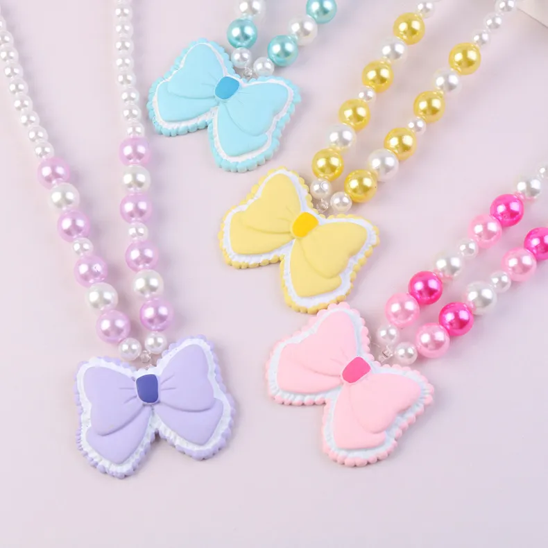 Fille Enfants Ensembles De Bijoux Bonbons Couleur Perles Arc Noeud Charmes Collier Bracelets Boucles D'oreilles Anneau Pour Les Filles Cadeau D'anniversaire De Noël Avec Boîte