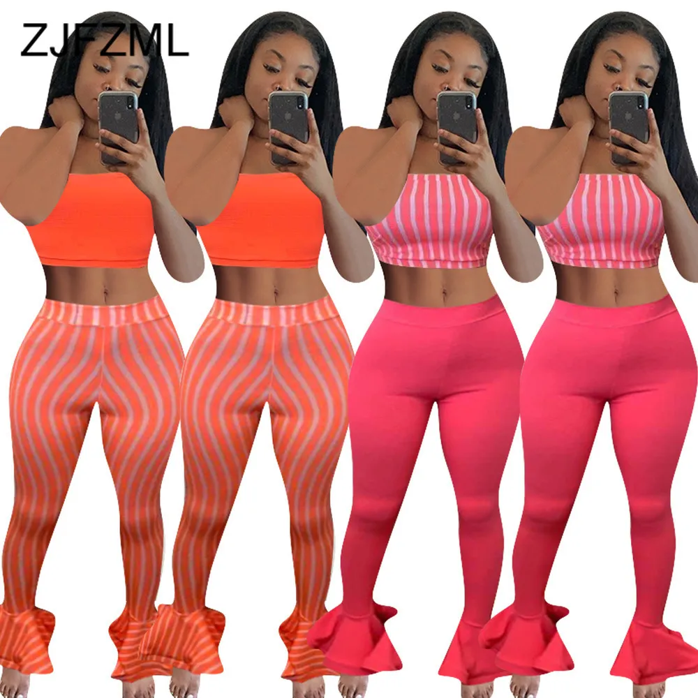 2021 Sommar 2 Piece Outfits för kvinnor Striped Spliced ​​Crop Top och Ruffles Bell Bottom Sweatpant Sweat Suit Sexy Two Piece Sets X0428