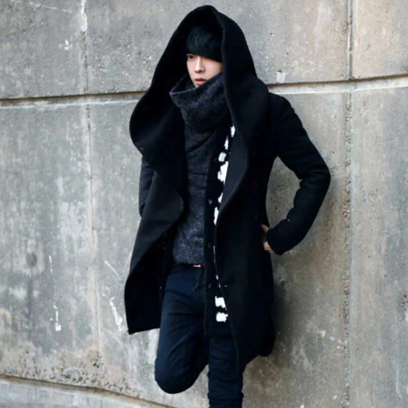 Höst Vinter Män Long Trench Coat Koreanska Style Hooded Cloak Mäns Slim Ull Overcoat Boys Punk Long Jackor Casaco Masculino 211011