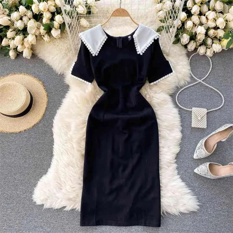 Kvinnor Mode Retro Dress Navy Collar Kortärmad Slim Simple Vestido de Mujer Kläder R377 210527