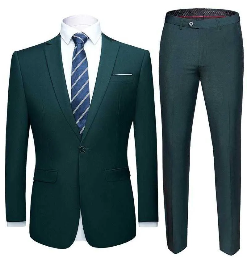 2021 Najnowsze Męskie Zestaw Garnitur Dark Green Formalna Kurtka Pants Slim Business Tuxedo 2 Sztuka Terno Wedding S-6XL X0909