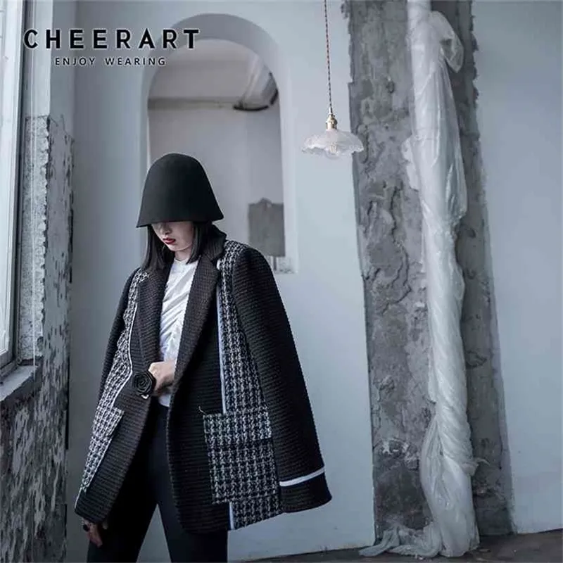 冬のツイードブレザー女性黒デザイナーコートニットSとジャケットハイファッションレディース服210427