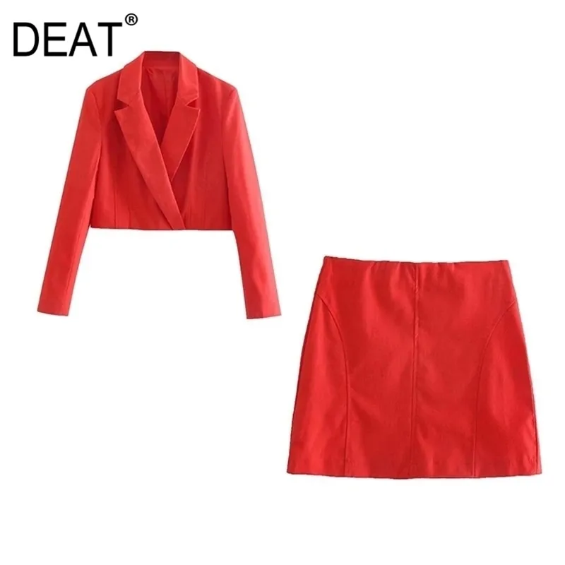 [DEAT] Mode d'été rouge à manches longues à manches longues Blazer A-Line Mini Loose Simple Femmes Costume deux pièces 13Q359 210527