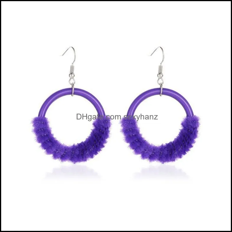 Circle Round Plush Earrings Hook Stud Wool Acrylic Fluorescent Dangle Earring Women Business Suit Dress Party Ear Drop Jewelry Accessories