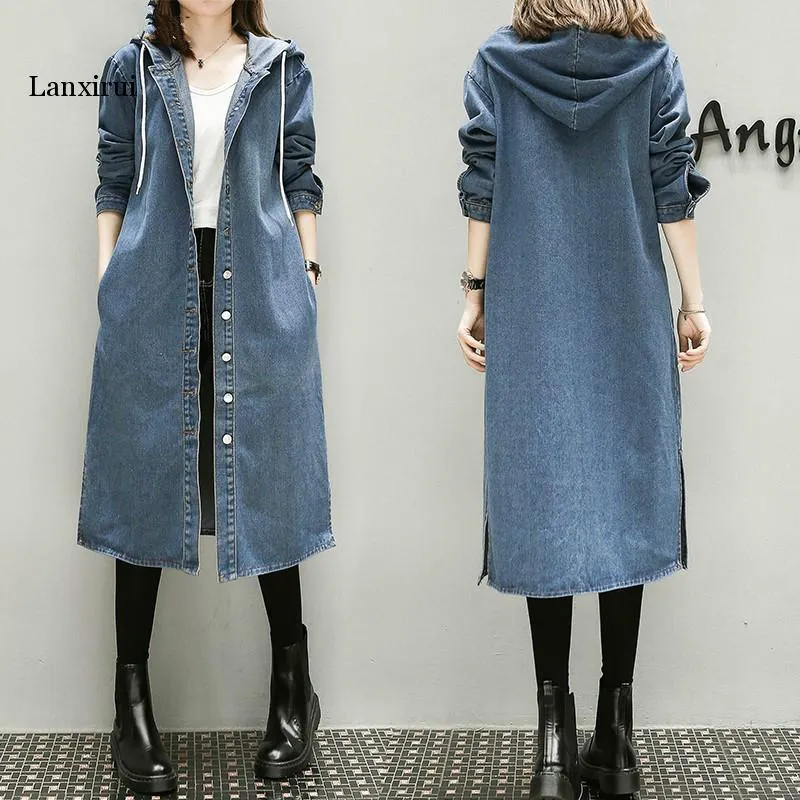 Kvinnors Jackor XL-5XL Plus Stor Storlek Denim Coat Kvinnor Vår Höst Vinter Feminina Fashion Tun Loose Long Jean Trench Kvinna