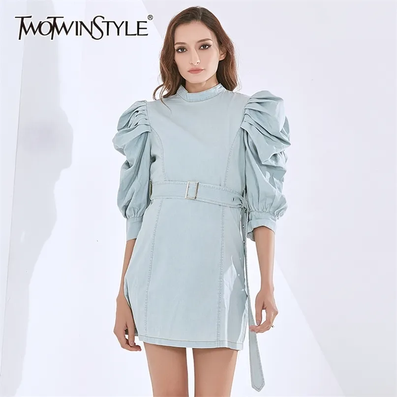 Blue Dress Women Turtleneck Puff Half Sleeve High Waist Lace Up Bownot Midi Dresses Female Summer Clothes 210520