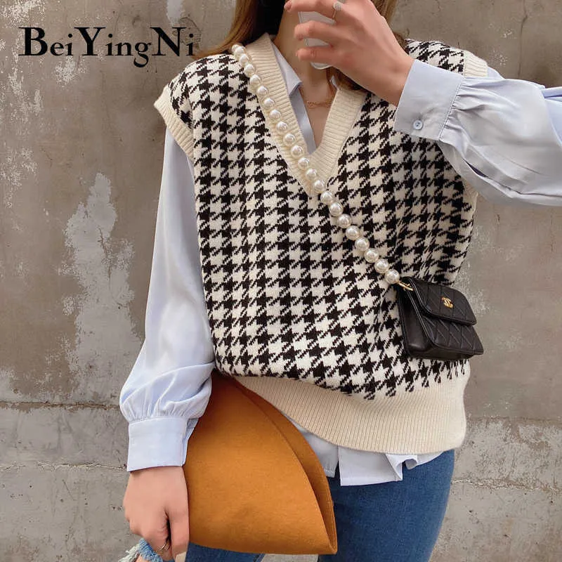 Beiyingni 가을 겨울 Houndstooth 스웨터 조끼 니트 빈티지 느슨한 민소매 풀오버 패션 귀여운 캐주얼 블랙 점퍼 211008