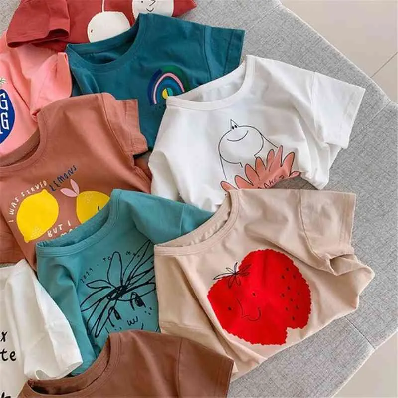 Çocuk Giysileri Erkek Bebek Kız Tshirt Yaz Gevşek Yürüyor Çocuk T Shirt Sevimli Karikatür Pamuk Kısa Kollu T-Shirt Boys Tops Tees 210713