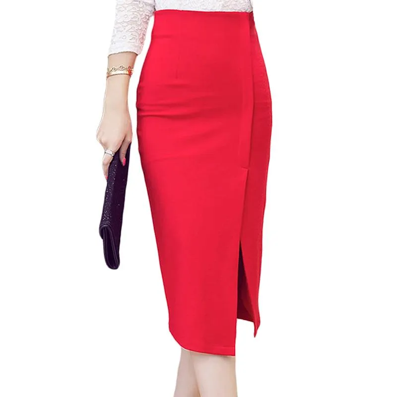 Saias da cintura alta saia de lápis de quadril feminino Moda Mulher Mulher Midi Red Black Slit Office