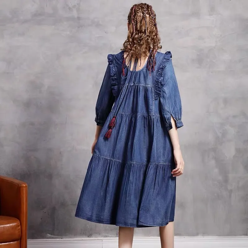 Vintage Embroidered Knee-Length denim with dress for Women